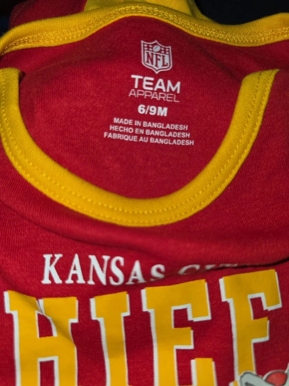 NFL Team Apparel Baby Onesie 6/9M Red Yellow Kansas City Chiefs